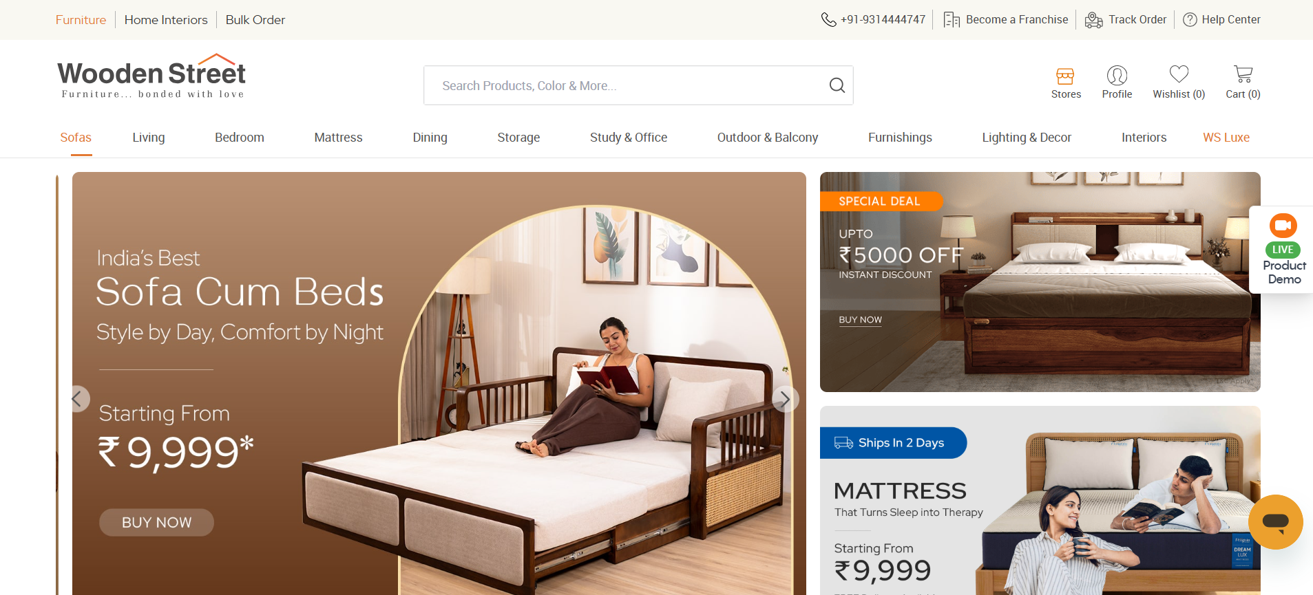 WoodenStreet online furniture ecommerce website interface